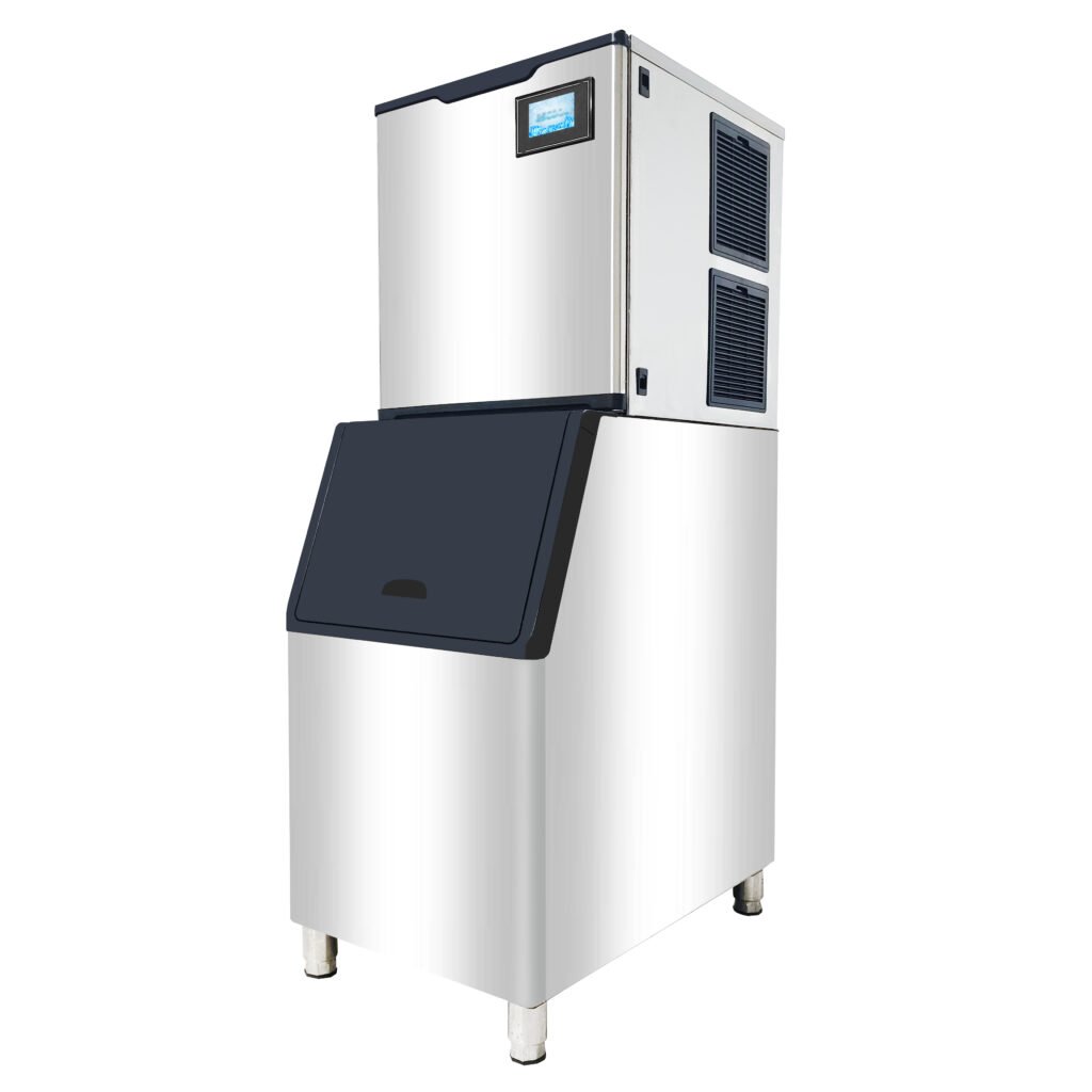 Commercial cube ice machine with 750P daily output, stainless steel air-cooled model