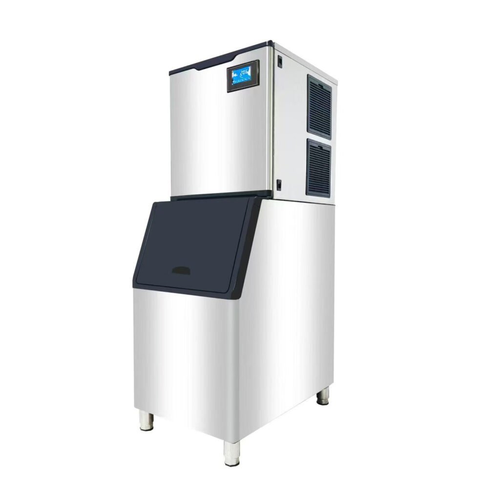 Commercial nugget ice machine with stainless steel body