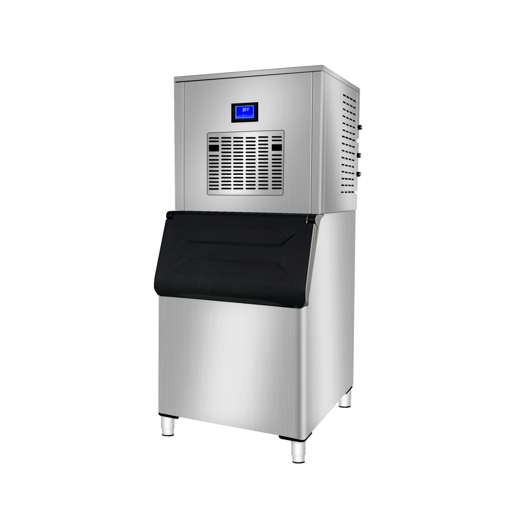 Commercial ice machine with stainless steel body and front ice bin