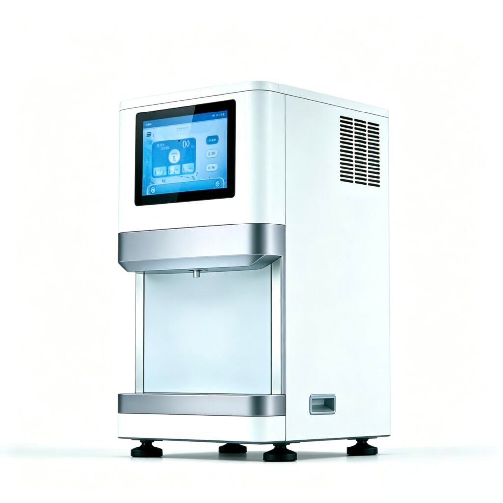 Commercial ice water dispenser with 7-inch touch screen, powder-coated cabinet and 304 stainless steel evaporator for offices and public spaces.