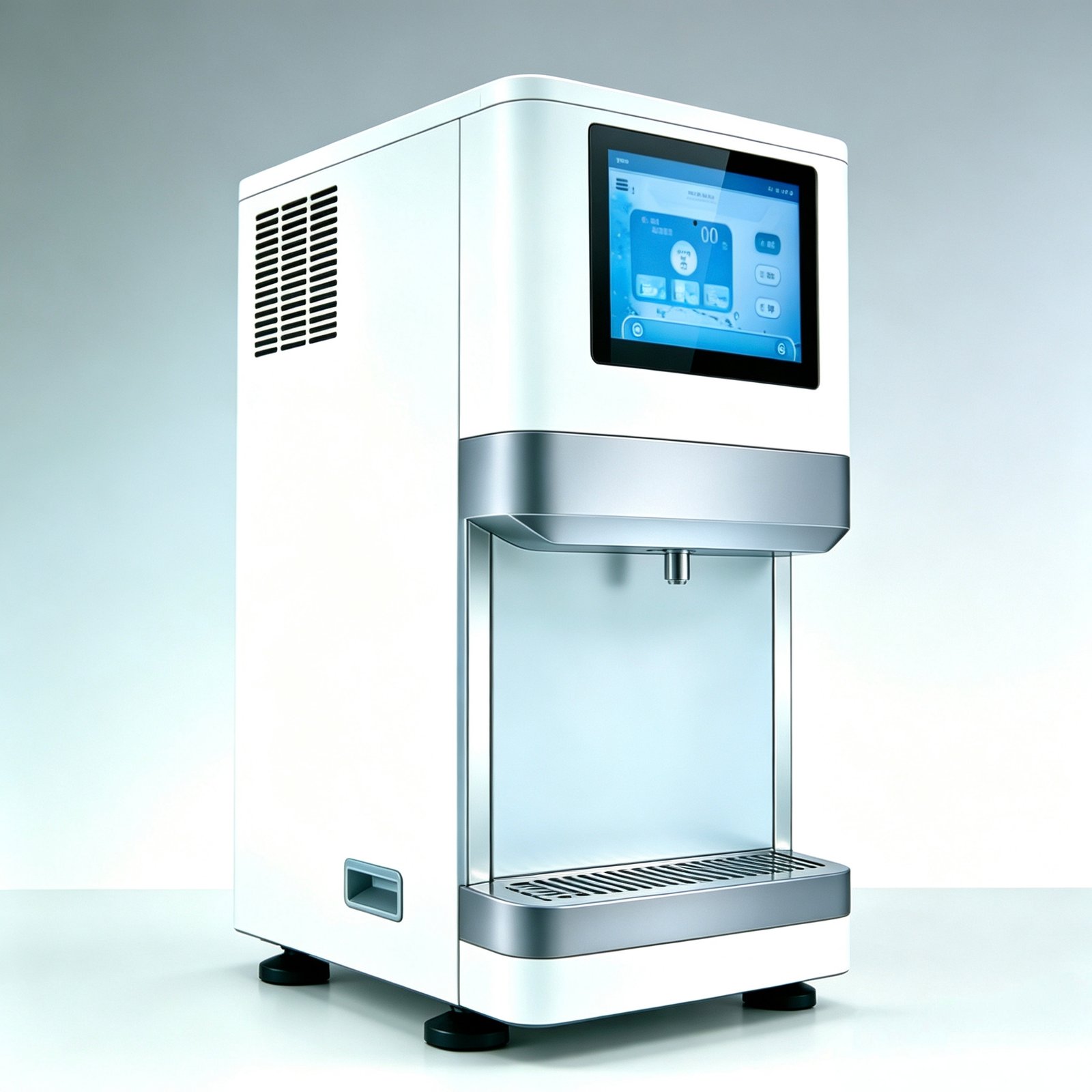 Modern ice water dispenser featuring a powder-coated exterior, 304 stainless steel evaporator and large 7-inch smart touchscreen display.